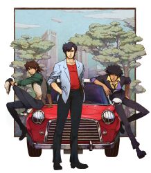  3boys afro black_hair bracelet brown_eyes brown_hair cabbie_hat car city_hunter collarbone commentary_request cowboy_bebop crossover facial_hair formal goatee hat highres jacket jewelry kaburagi_t._kotetsu male_focus manly mini_cooper motor_vehicle multiple_boys necktie nira_(niratoro) photoshop_(medium) saeba_ryou spike_spiegel suit tiger_&amp;_bunny vest watch wristwatch 