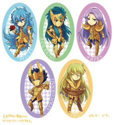  5boys aquarius_camus aries_muu armor black_hair blonde_hair blue_hair capricorn_shura commentary_request flower gold_armor gold_saint long_hair male_focus multiple_boys photoshop_(medium) pisces_aphrodite purple_hair ratsunagina rose saint_seiya virgo_shaka 