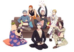  6+boys bruno_bucciarati bruno_bucciarati_(cosplay) commentary_request cosplay formaggio ghiaccio giorno_giovanna giorno_giovanna_(cosplay) guido_mista guido_mista_(cosplay) hanaichi_(hana13) highres illuso jojo_no_kimyou_na_bouken leone_abbacchio leone_abbacchio_(cosplay) male_focus melone multiple_boys narancia_ghirga narancia_ghirga_(cosplay) pannacotta_fugo pannacotta_fugo_(cosplay) pesci prosciutto risotto_nero simple_background vento_aureo 