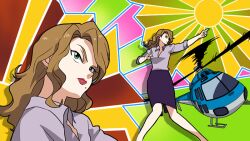  agnes_joubert aircraft blonde_hair commentary_request cutie_honey female green_eyes helicopter lips mochizuki_anko mole mole_under_mouth parody re:_cutie_honey shirt skirt sleeves_rolled_up tiger_&amp;_bunny 