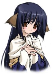  animal_ears black_hair blush brown_eyes dog_ears female higuchi_isami long_hair photoshop_(medium) simple_background solo utawarerumono white_background yuzuha_(utawarerumono) 