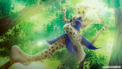  16:9 :3 alternate_species anthro breasts clothing dr._stone eipril felid feline felis female footwear forest furrification hair knife kohaku_(dr._stone) mammal pantherine plant sandals solo tagme text tree tribal url weapon widescreen 