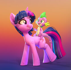  3d_(artwork) better_version_at_source biped digital_media_(artwork) dragon duo equid equine fangs female feral friendship_is_magic fur green_eyes hasbro hi_res horn horse lemurfeature male male/female mammal my_little_pony open_mouth pony purple_body purple_eyes purple_fur quadruped sitting sitting_on_back smile spike_(mlp) teeth twilight_sparkle_(mlp) unicorn 