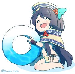  ^_^ arm_strap bikini black_hair capelet chibi chinese_clothes closed_eyes dan_fei female gradient hair_ornament hair_tubes hat holding innertube long_hair navel open_mouth parted_bangs side-tie_bikini_bottom sitting smile solo swim_ring swimsuit thigh_strap thunderbolt_fantasy twitter_username zako_nee 