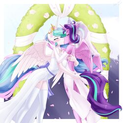  1:1 2020 absurd_res alicorn alternate_species alternate_version_at_source anthro anthrofied armwear biped breasts bride clothed clothing crown digit_ring digital_media_(artwork) dress duo elbow_gloves equid equine explicit_source eye_contact feathered_wings feathers female female/female friendship_is_magic gloves hair half-closed_eyes handwear hasbro headgear hi_res horn inner_ear_fluff jewelry kiss_on_lips kissing long_hair looking_at_another mammal multicolored_hair multicolored_tail my_little_pony mythological_creature mythological_equine mythology narrowed_eyes pink_body pink_feathers princess_celestia_(mlp) purple_hair purple_tail ring slackerburst starlight_glimmer_(mlp) tail tail_pull tiara tuft wedding wedding_dress wedding_ring white_body white_clothing white_dress white_feathers wings 