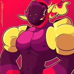  1:1 abs armarouge armor biceps black_body digital_media_(artwork) elemental_creature elemental_humanoid fizzyjay generation_9_pokemon headgear helmet hi_res humanoid looking_at_viewer male muscular muscular_male nintendo nipples pecs pokemon pokemon_(species) pseudo_hair red_eyes simple_background solo 