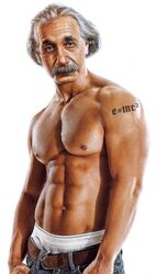  1boy abs albert_einstein belt brown_belt denim equation facial_hair gmc grey_hair jeans male_focus male_underwear manly moustache nipples old old_man pants real_life realistic short_hair shoulder_tattoo simple_background solo tattoo topless_male underwear upper_body white_background white_male_underwear 