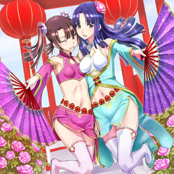  2girls armpits blue_eyes breasts brown_eyes brown_hair commentary_request crop_top flower folding_fan foreshortening hand_fan highres long_hair medium_breasts midriff multiple_girls navel one_eye_closed purple_hair shimano_natsume shingoku_no_valhalla_gate skirt small_breasts thighhighs torii zettai_ryouiki 