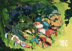  :&lt; :3 closed_eyes drooling eevee espeon evolutionary_line fins flareon glaceon grass highres jolteon juanmao leafeon lying no_humans on_back on_side pokemon pokemon_(creature) pokemon_(game) pokemon_quest prehensile_ribbon shade sleeping sylveon tree umbreon vaporeon 