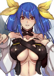  asymmetrical_wings belt blue_hair blush breasts choker cleavage collarbone commentary detached_sleeves dizzy_(guilty_gear) female guilty_gear guilty_gear_x guilty_gear_xx hair_between_eyes hair_ribbon hair_rings hand_on_own_chest large_breasts long_hair long_sleeves midriff navel open_mouth panties puffy_long_sleeves puffy_sleeves red_eyes ribbon simple_background solo stomach twintails underboob underwear upper_body white_background wings yasunososaku yellow_ribbon 