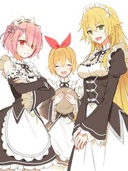  3girls :d apron black_ribbon black_sleeves blonde_hair blush bow_hairband breasts commentary_request flower_knot frederica_baumann frilled_sleeves frills green_eyes hair_between_eyes hair_ornament hair_over_one_eye hairband holding kh_(kh_1128) long_hair long_sleeves looking_at_viewer maid maid_headdress medium_breasts multiple_girls neck_ribbon open_mouth petra_leyte pink_hair ram_(re:zero) re:zero_kara_hajimeru_isekai_seikatsu red_eyes red_ribbon ribbon ribbon-trimmed_sleeves ribbon_trim roswaal_mansion_maid_uniform sharp_teeth short_hair simple_background smile teeth upper_teeth_only waist_apron white_apron white_background x_hair_ornament 