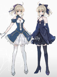  2girls absurdres adapted_costume ahoge artoria_pendragon_(fate) black_bow black_gloves black_jacket black_pantyhose black_skirt blonde_hair blue_footwear blue_sleeves bow breasts character_name cleavage cleavage_cutout clothing_cutout cosplay detached_sleeves dual_persona elbow_gloves fate/stay_night fate/unlimited_codes fate_(series) floating_hair full_body gloves green_eyes hair_between_eyes hairbow high_heels high_ponytail highres jacket long_hair looking_at_viewer multiple_girls nayu_tundora pantyhose pumps purple_bow saber_(fate) saber_(fate)_(cosplay) saber_alter saber_alter_(cosplay) saber_lily short_sleeves sidelocks simple_background skirt skirt_set sleeveless sleeveless_jacket small_breasts standing thighhighs white_background white_gloves white_legwear zettai_ryouiki 