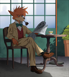  bad_id bad_pixiv_id bow bowtie brown_footwear chair crossed_legs cup formal furry indoors meitantei_holmes mouth_hold newspaper orange_hair photoshop_(medium) plant potted_plant red_vest shadow sherlock_holmes_(meitantei_holmes) shoes sitting smoking_pipe socks suit suzushiro_(suzushiro333) table teacup vest window 