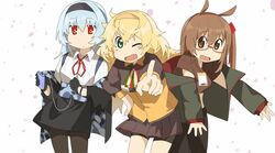  3girls :d animal_ears aogisa arawi_keiichi_(style) bad_id bad_twitter_id black_gloves blonde_hair blue_hair brown_eyes brown_hair camouflage commentary digital_media_player earphones english_commentary girls&#039;_frontline glasses gloves green_eyes hairband highres hyadain_no_kakakata_kataomoi_-_c id_card ipod long_hair multiple_girls nichijou oerba_yun_fang one_eye_closed open_mouth pantyhose parody pleated_skirt red-framed_eyewear red_eyes s.a.t.8_(girls&#039;_frontline) shorts shorts_under_skirt skirt smile style_parody thunder_(girls&#039;_frontline) type_88_(girls&#039;_frontline) v-shaped_eyebrows white_background 