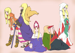  5girls black_mage_(fft) black_mage_(final_fantasy) blonde_hair blue_eyes blush boots brown_eyes carbuncle_(final_fantasy) commentary_request final_fantasy final_fantasy_tactics geomancer_(fft) gloves hair_ribbon hat hood horns inata_wataru long_hair multiple_girls red_eyes ribbon robe staff stuffed_animal stuffed_toy summoner_(fft) time_mage time_mage_(fft) twintails white_mage_(fft) white_mage_(final_fantasy) 