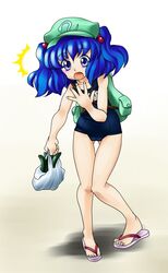  backpack bag black_one-piece_swimsuit blue_eyes blue_hair commentary_request competition_swimsuit cucumber female fingernails flip-flops full_body hair_bobbles hair_ornament highres holding kawashiro_nitori looking_at_viewer name_tag one-piece_swimsuit open_mouth raionsan sandals school_swimsuit short_hair solo swimsuit touhou two_side_up 