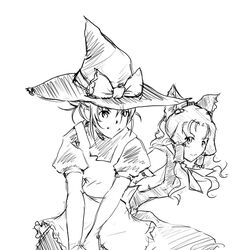  2girls aeru_(simoun) artist_request broom broom_riding cosplay crossover greyscale hakurei_reimu hakurei_reimu_(cosplay) hat kirisame_marisa kirisame_marisa_(cosplay) monochrome multiple_girls multiple_riders neviril_(simoun) sidesaddle simoun simple_background touhou white_background witch_hat 