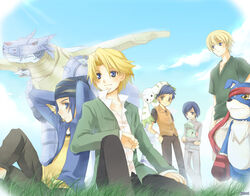  5boys arms_behind_head back-to-back bandana blonde_hair blue_eyes blue_hair blush crossed_legs crossover day digimon digimon_(creature) digimon_adventure_02 digimon_frontier digimon_savers digimon_tamers gaomon garummon gloves grass grey_eyes hand_on_own_hip headband holding ichijouji_ken ishida_yamato kurot leafmon leg_up li_jianliang male_focus minamoto_kouji multiple_boys odaiba_middle_school_uniform open_clothes open_shirt outdoors pants photoshop_(medium) school_uniform shirt sitting smile terriermon touma_h._norstein v-neck wristband 