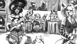  ailurid anthro bravest_warriors breasts canid canine cartoon_hangover catbug chanrom closed_eyes clothed clothing daft_punk digital_media_(artwork) disc_jockey drum drum_set electronics fedora felid female greyscale group guitar guy-manuel_de_homem-christo half-closed_eyes hat headgear headwear male mammal meme microphone monochrome musical_instrument narrowed_eyes open_mouth percussion_instrument performing plucked_string_instrument red_panda smile string_instrument thomas_bangalter tongue 