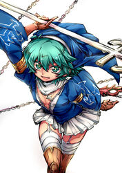  1boy boots chains commentary_request cosplay cross cross_necklace crossdressing garter_straps gloves green_eyes green_hair jewelry johan_andersen looking_at_viewer male_focus necklace open_mouth queen&#039;s_blade queen&#039;s_blade_rebellion sigui_(queen&#039;s_blade) sigui_(queen&#039;s_blade)_(cosplay) simple_background skirt solo thigh_boots thighhighs tobi_(one) white_background yu-gi-oh! yu-gi-oh!_gx 