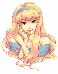  bare_shoulders blonde_hair blue_eyes blush breasts cleavage closed_mouth collarbone commentary_request female headband lips long_hair looking_at_viewer macross macross_frontier nira_(niratoro) off-shoulder_sweater off_shoulder photoshop_(medium) sheryl_nome small_breasts solo sweater upper_body 