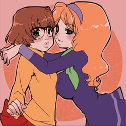  2girls ascot blush daphne_ann_blake glasses multiple_girls pouty_lips scarf scooby-doo short_hair skirt source_request velma_dace_dinkley yuri zamora 