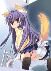  animal_ear_fluff animal_ears arikawa_satoru ass black_footwear blue_skirt blush clannad commentary_request covered_mouth dog_ears dog_girl dog_tail embarrassed female floating_hair foot_out_of_frame foreshortening from_behind fujibayashi_kyou hair_between_eyes hair_intakes hair_ribbon hand_up hikarizaka_private_high_school_uniform indoors jacket kemonomimi_mode long_hair long_sleeves looking_at_viewer looking_back miniskirt nose_blush panties pantyshot pleated_skirt purple_eyes purple_hair ribbon school_uniform shoe_soles shoes skirt solo squat_toilet squatting tail tail_raised thighhighs toilet tress_ribbon underwear very_long_hair white_panties white_ribbon white_thighhighs yellow_jacket zettai_ryouiki 