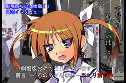  apr bow braid brown_hair female kanji lyrical_nanoha mahou_shoujo_lyrical_nanoha microphone purple_eyes solo takamachi_nanoha translated 