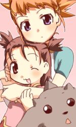  2girls :3 blush brown_eyes brown_hair digimon digimon_(creature) digimon_tamers hug hug_from_behind kurot li_shaochung lolicon lopmon lowres makino_ruki multiple_girls one_eye_closed orange_hair purple_eyes raglan_sleeves short_twintails twintails 