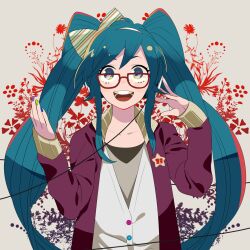  :d aqua_eyes aqua_hair bespectacled bow commentary_request female glasses hairbow hands_on_headphones hatsune_miku headphones jacket listening_to_music long_hair looking_at_viewer momoiro_oji multicolored_nails nail_polish open_clothes open_jacket open_mouth red-framed_eyewear round_teeth smile solo teeth twintails upper_body upper_teeth_only vocaloid 