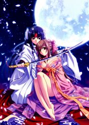  2girls absurdres akai_ito bare_legs bare_shoulders barefoot blue_eyes blue_hair blush breasts brown_hair cleavage collarbone egasumi feet fingerless_gloves floral_print full_moon gloves hatou_kei headband highres japanese_clothes katana kimono legs long_hair looking_at_viewer medium_breasts moon moonlight multiple_girls obi off_shoulder official_art petals ponytail protecting red_eyes ribbon sash senba_uzuki shippou_(pattern) sitting sword undressing weapon wide_sleeves yasaka_minato yuri 