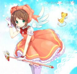  brown_hair cardcaptor_sakura chiyu_(sweet) commentary_request dress female fuuin_no_tsue glove_bow gloves green_eyes hat kero_(cardcaptor_sakura) kinomoto_sakura kinomoto_sakura_(magic_dream_costume) pink_hat short_hair thighhighs wand white_gloves wings 