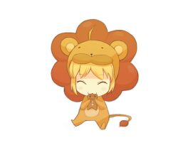  :3 ^_^ ahoge animal_costume artoria_pendragon_(fate) blonde_hair chibi closed_eyes commentary eating fate/tiger_colosseum fate_(series) female gingerbread_cookie lion lion_costume mister_donut photoshop_(medium) pon_de_lion saber_lion solo teateateatea 