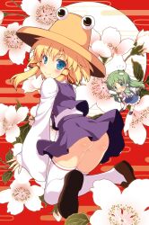  2girls ass blonde_hair blue_eyes blush chibi clothes_lift commentary_request detached_sleeves egasumi floral_background frog green_eyes green_hair hair_ornament hair_ribbon hair_tubes hat highres kochiya_sanae loafers long_hair looking_back moon moriya_suwako multiple_girls no_panties open_mouth ribbon shoes short_hair skirt skirt_lift sleeves_past_wrists smile snake thighhighs touhou white_legwear wide_sleeves yamasan 