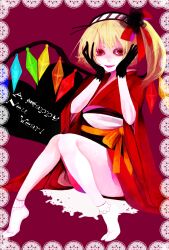  bad_id bad_pixiv_id black_gloves blonde_hair bobby_socks border crazy_eyes doily female flandre_scarlet gloves hairband hands_on_own_cheeks hands_on_own_face happy_new_year highres japanese_clothes kimono lace lace_border new_year no_headwear ornate_border photoshop_(medium) red_eyes red_kimono shirafuji_kabi sitting socks solo tabi teenage touhou wings 