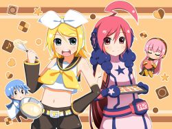  1boy 3girls ahoge bad_id bad_pixiv_id baking blonde_hair blue_eyes cooking hair_ribbon headphones highres kagamine_rin kaito_(vocaloid) long_hair megurine_luka multiple_girls navel open_mouth red_eyes red_hair ribbon sf-a2_miki short_hair smile vocaloid yakitori_(oni) 