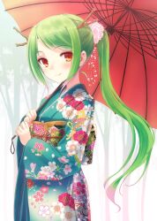  antlers aqua_kimono cherry_blossoms commentary_request dragon_girl dragon_horns female floral_print floral_print_sash flower green_hair hair_flower hair_ornament highres horns hyuuga_azuri japanese_clothes kimono long_hair nail_polish obi oil-paper_umbrella original ponytail red_eyes sash smile solo umbrella 