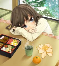  bento brown_eyes brown_hair commentary_request crossed_arms cup door female food fruit kotatsu looking_at_viewer mandarin_orange original pov_across_table sitting smile snow solo sweater table tatami unasaka_ryou yunomi 