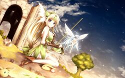  2girls akkijin anklet arch armor bad_id bad_pixiv_id blonde_hair bow bridal_gauntlets cloud column faerie_(seiken_densetsu_3) fairy fairy_wings forehead_jewel giant_tree hair_ribbon hairbow helmet jewelry long_hair low-tied_long_hair mana_holyland mana_tree mini_person minigirl multiple_girls night night_sky pauldron_removed pauldrons photoshop_(medium) pillar rabite_(seiken_densetsu) ribbon riesz seiken_densetsu seiken_densetsu_3 shoes shoulder_armor sky star_(sky) starry_sky tree very_long_hair winged_helmet wings 