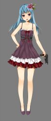  bare_legs bare_shoulders beretta_93r blue_eyes blue_hair breasts cleavage commentary_request dress female flower gun hair_flower hair_ornament hand_on_own_hip handgun highres lily_(flower) long_hair original simple_background small_breasts smile solo unasaka_ryou weapon 