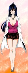  blue_hair breasts cleavage female highres huge_breasts lab_coat legs maken-ki! nijou_aki pencil_skirt skirt solo takeda_hiromitsu 