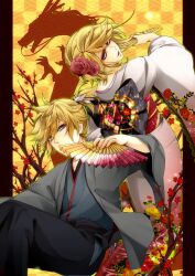  1boy aqua_eyes bad_id bad_pixiv_id blonde_hair brother_and_sister dragon eastern_dragon female floral_print flower folding_fan from_behind hair_flower hair_ornament hakama hakama_skirt hand_fan highres japanese_clothes kagamine_len kagamine_rin kimono light_particles looking_back pillarboxed rico_(fbn3) sayagata seigaiha shippou_(pattern) short_hair siblings skirt twins vocaloid yagasuri 