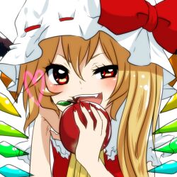  apple blonde_hair commentary_request female flandre_scarlet food fruit hat heart holding holding_food holding_fruit naughty_face negiko oerba_yun_fang red_eyes side_ponytail solo touhou wings 