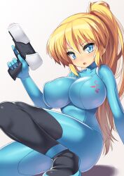  blonde_hair blue_eyes bodysuit breasts commentary covered_nipples female gun handgun holding holding_gun holding_weapon impossible_clothes large_breasts long_hair metroid nagase_haruhito paralyzer ponytail puffy_nipples samus_aran simple_background skin_tight solo weapon zero_suit 