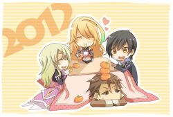  2012 2boys 2girls alvin_(tales) bad_id bad_pixiv_id black_hair blonde_hair brown_eyes brown_hair elize_lutus food fruit gloves heart jude_mathis kotatsu long_hair mandarin_orange milla_maxwell multiple_boys multiple_girls nobu_(knob) noodles smile soba table tales_of_(series) tales_of_xillia under_kotatsu under_the_table yellow_background 