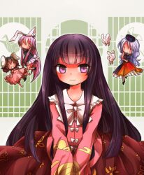  4girls animal_ears azuki_(lizzy) black_hair commentary_request dress grey_hair hat houraisan_kaguya inaba_mob_(touhou) inaba_tewi long_hair mini_person minigirl multiple_girls nurse_cap purple_eyes purple_hair rabbit rabbit_ears reisen_udongein_inaba touhou yagokoro_eirin 