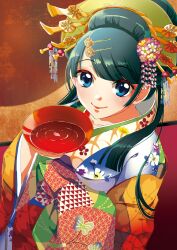  alcohol bad_id bad_pixiv_id blush commentary_request female flower hair_flower hair_ornament izumi_(sachikara) japanese_clothes kimono long_hair original photoshop_(medium) sake shippou_(pattern) 