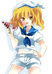  bad_id bad_pixiv_id blonde_hair blue_sailor_collar blush_stickers energy_gun female fujishiro_emyu hand_on_own_hip hat kitashirakawa_chiyuri ray_gun sailor sailor_collar sailor_hat solo touhou touhou_(pc-98) twintails weapon yellow_eyes 