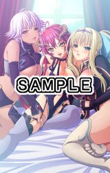  3girls blonde_hair blush breast_press breasts cleavage dark_skin demon_girl garter_belt gladys_(kyonyuu_fantasy) gladys_von_walkenheim horns isis_petrovna_ellenskaia kyonyuu_fantasy kyonyuu_fantasy_gaiden multiple_girls naughty_face purple_hair red_hair sample shamsiel shamujerushaharu succubus tail thigh_grab thighhighs underboob waffle 