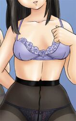  black_hair black_pantyhose bra crotch_seam female head_out_of_frame high-waist_pantyhose lingerie lowres navel no_pants original panties panties_under_pantyhose pantyhose photoshop_(medium) solo underwear underwear_only uraharukon 